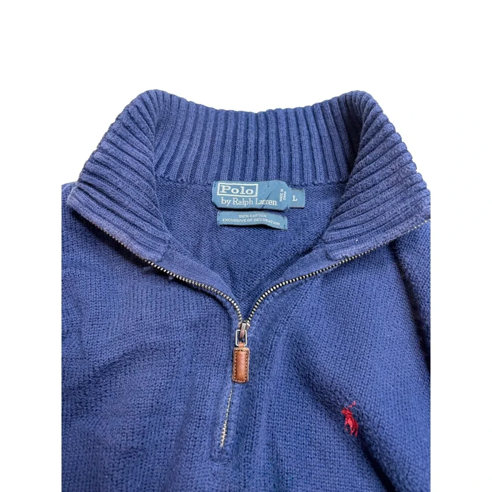 Polo Ralph Lauren 1/4 Zip Sweater Mens Large Blue Cotton Red‎ Pony Logo Pullover
